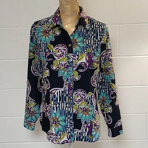 JACQUALINE SOXAUER NO IRON 100% COTTON, PRINT, ROLL TAB SLEEVE, BUTTON UP BLOUSE